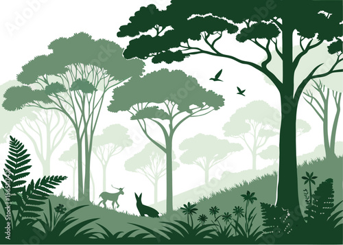 Tranquil wilderness – natural forest vector illustration with trees, foliage, and peaceful atmosphere