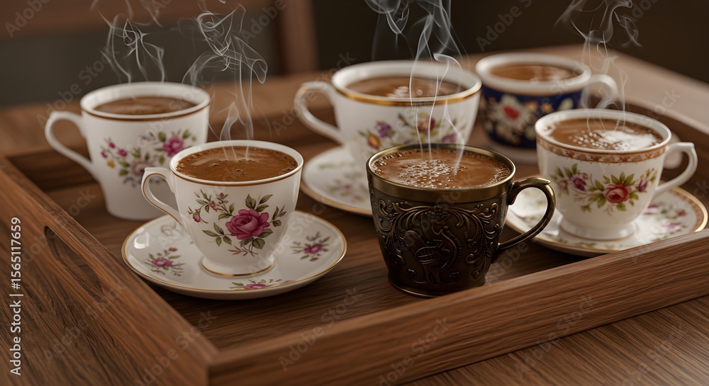 Fototapeta premium Ornate coffee cups on wooden tray