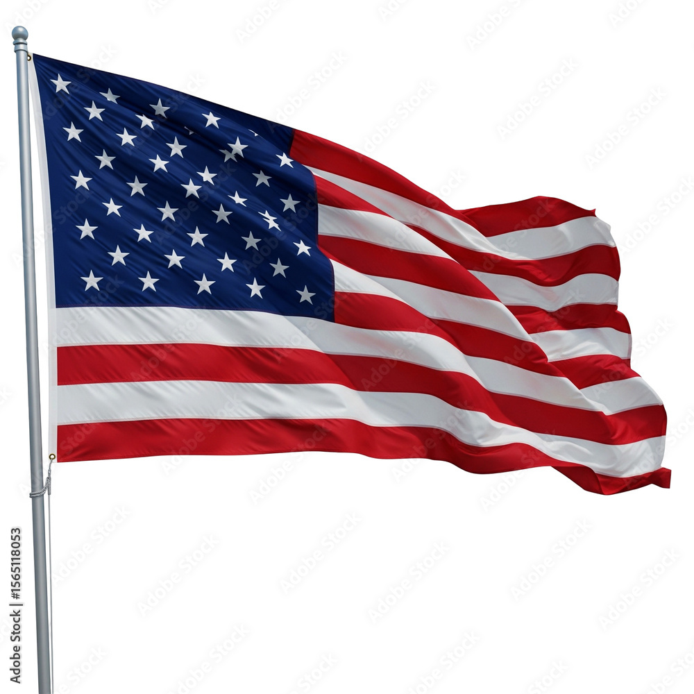 Obraz premium United States flag with red white and blue stripes and stars waving in the wind on a PNG background.