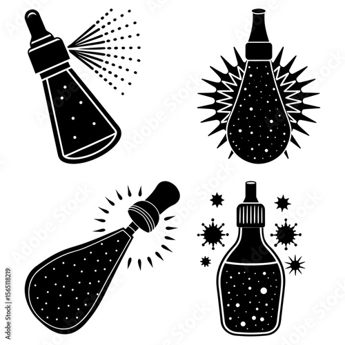 Illustration of four black and white bottles with various designs and spray effects on a white background