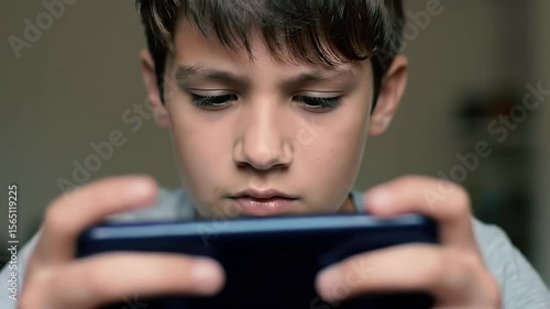 Focused boy intently plays a game on his mobile phone, close-up shot