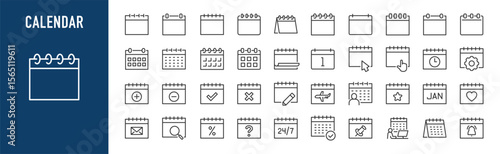 Calendar web icons in line style. Time and seasons, date, week, months, day, year, settings, collection. Vector illustration.