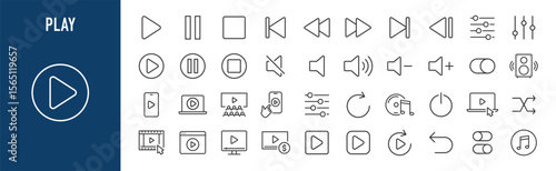 Play web icons in line style. Cinema, speaker, online, picture, play button, music, collection. Vector illustration.