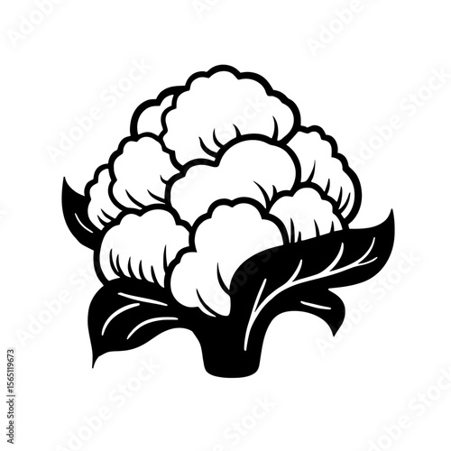 Minimalist black silhouette of cauliflower with textured lines on white background