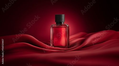 Elegant red perfume bottle displayed on soft, flowing red fabric under gentle lighting
