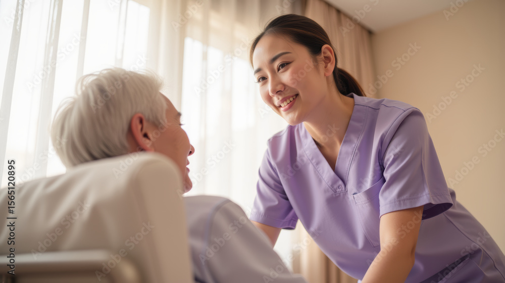 Fototapeta premium Caring nurse providing support to elderly patient in hospital room, showcasing compassion and professionalism in healthcare