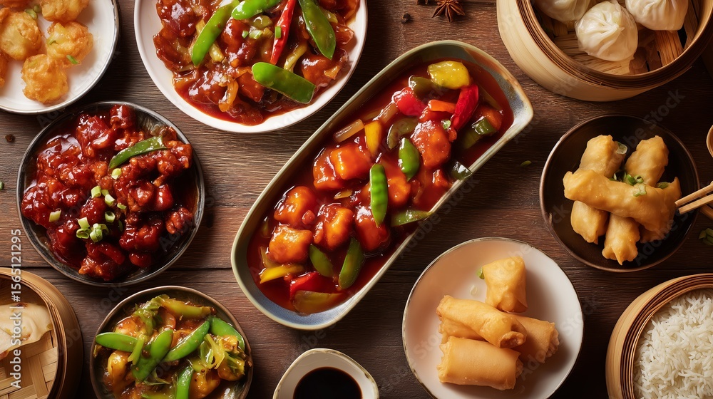 Delicious variety of Asian dishes served on wooden table for a vibrant dining experience Delicious variety of Asian dishes served on wooden table for a vibrant dining experience