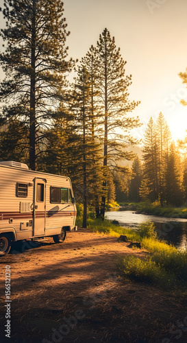 A vintage campervan parked beside a serene river, bathed in golden sunlight amidst tall pine trees.
