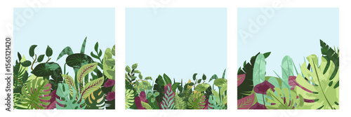 Green botanical cards set. Spring greenery, tropical nature, leaves, summer flowers, lush plants, eco square postcards. Floral backgrounds, thickets, garden, vegetation. Flat vector illustrations