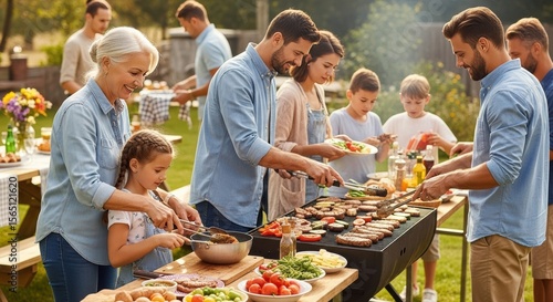 A Perfect Summer Barbecue Gathering: Families Enjoying Good Food and Company in a Lively Outdoor Setting