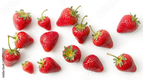 A collection of fresh strawberries scattered on a plain white surface from a top down perspective