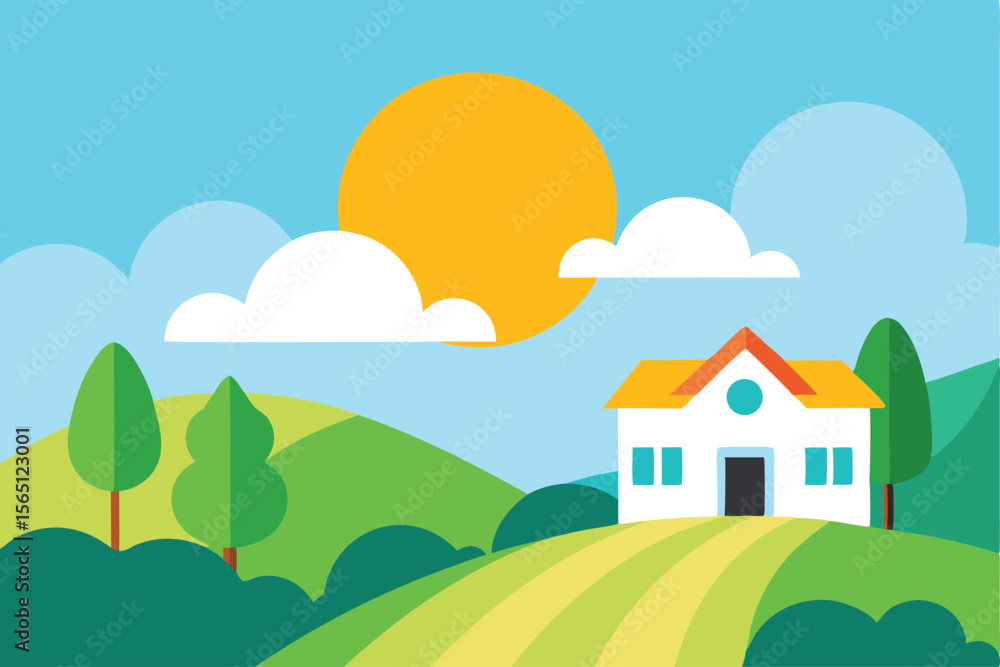 Fototapeta premium Sunny Day Countryside House Illustration Peaceful Rural Scene