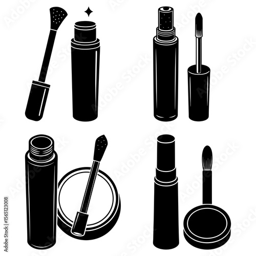Illustration of various cosmetic products including mascara and lipstick in black and white style