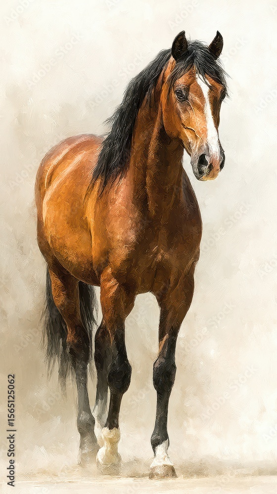 Fototapeta premium Majestic brown horse standing elegantly in a light-colored backdrop during a calm day