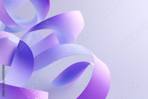 Soft purple 3D ribbons and organic blobs spiraling upward across a clean gradient background