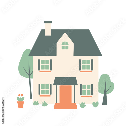Cozy house illustration, cartoon family home, cute building design, suburban house vector, pastel home clipart