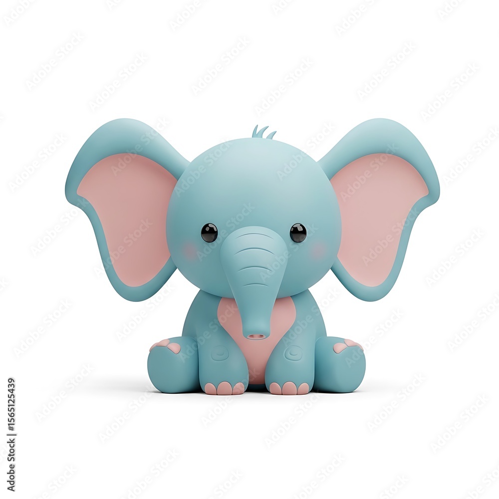 Fototapeta premium Adorable Blue Elephant Plushie with Pink Accents on White Background.