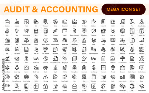 Set of line icons related to accounting, audit, and taxes. Outline icon collection. Business symbols.Income set. Containing money, tax, earnings, payment, paycheck, work, pension, and wages icons.