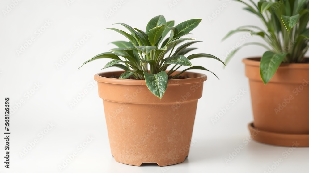 Fototapeta premium Close up of two potted plants with green leaves on a white background in a well lit environment