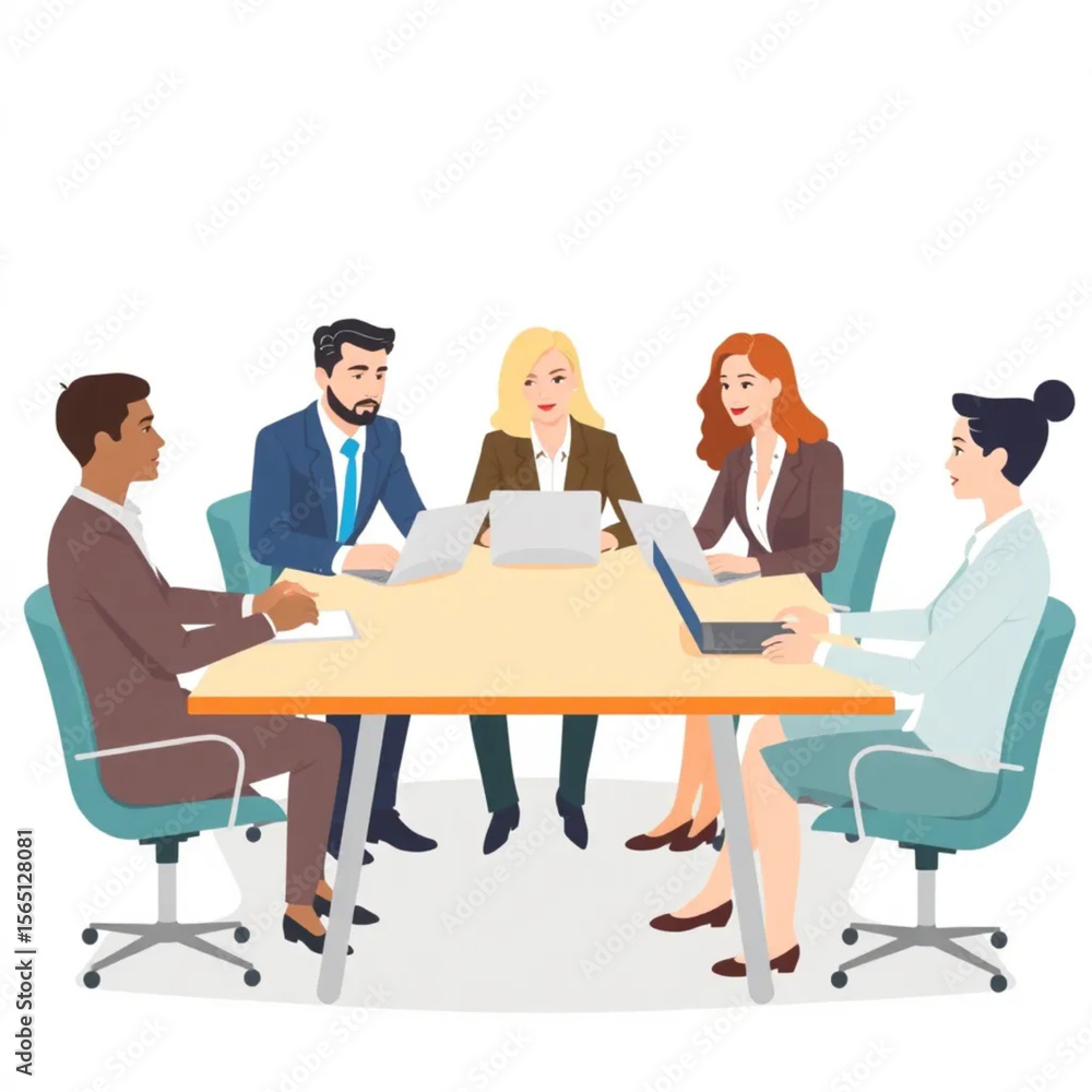 A group of five executives are sitting at a conference table, engaged in discussion. They appear focused and collaborative, with laptops and notes in front of them. A group of five executives are sitting at a conference table, engaged in discussion. They appear focused and collaborative, with laptops and notes in front of them.