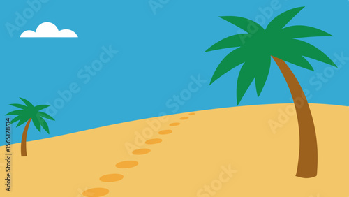 Tropical paradise beach with palm trees, blue sky, and clear ocean water