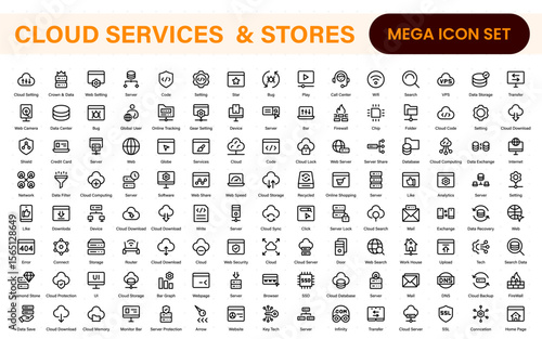 Cloud services and web hosting icons Set. Linear style icon bundle.Outline icon collection.