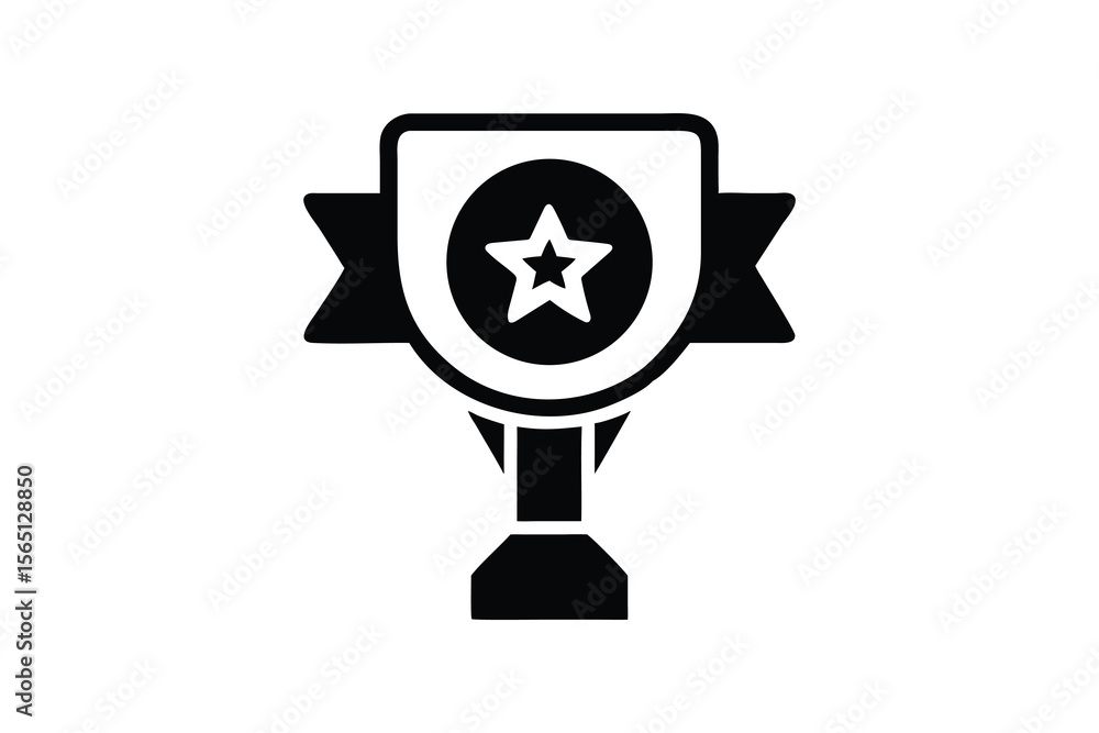 A stylized black and white graphic icon of a trophy with a star inside a shield and ribbons on a white background symbolizing achievement and victory A stylized black and white graphic icon of a trophy with a star inside a shield and ribbons on a white background symbolizing achievement and victory