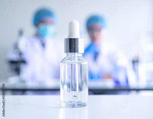 Minimal Cosmetic Serum Bottle on Pedestal with Soft Warm Light
