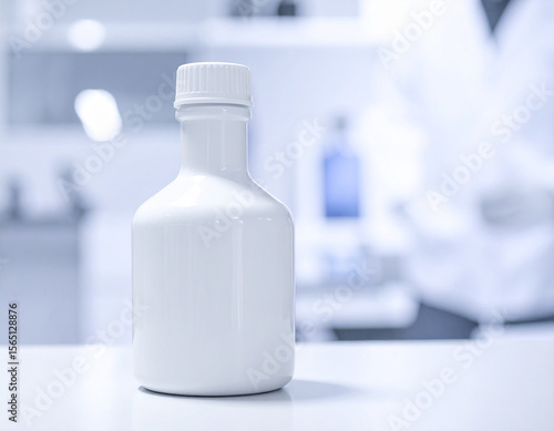Minimal Cosmetic Serum Bottle on Pedestal with Soft Warm Light