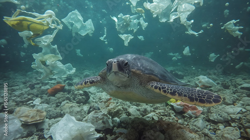 A sea turtle swimming through plastic pollution in the ocean.
