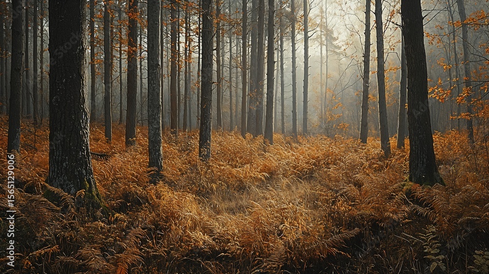 Fototapeta premium Autumn forest with tall trees and golden ferns on the ground 