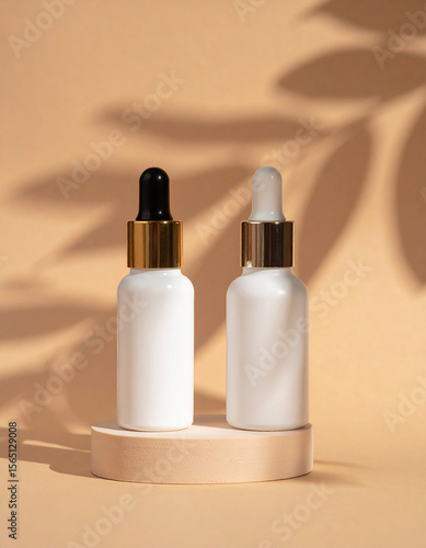Minimal Cosmetic Serum Bottle on Pedestal with Soft Warm Light