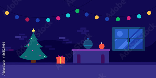 Cozy Christmas Eve Night Festive Lights, Decorated Tree, and Gift