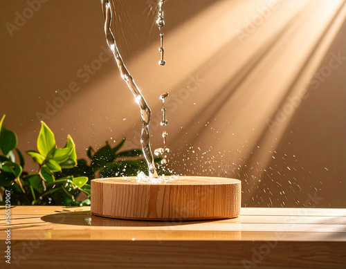 Natural Product Pedestal with Splashing Water in Outdoor Environment