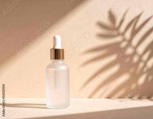 Minimal Cosmetic Serum Bottle on Pedestal with Soft Warm Light
