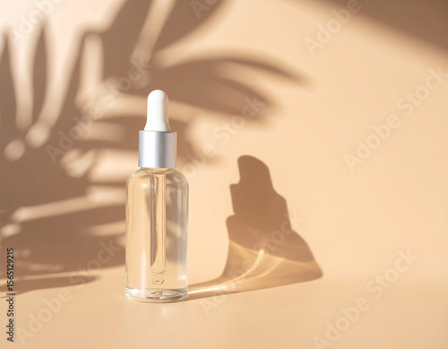 Minimal Cosmetic Serum Bottle on Pedestal with Soft Warm Light