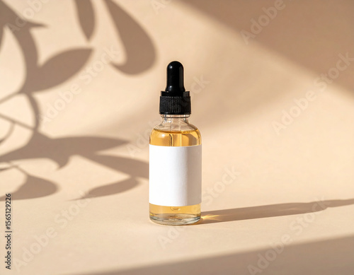 Minimal Cosmetic Serum Bottle on Pedestal with Soft Warm Light