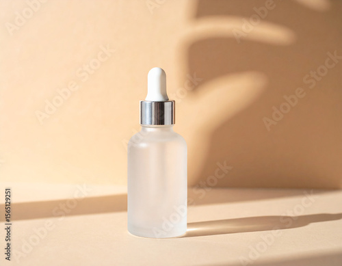 Minimal Cosmetic Serum Bottle on Pedestal with Soft Warm Light
