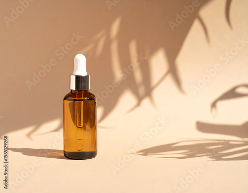 Minimal Cosmetic Serum Bottle on Pedestal with Soft Warm Light