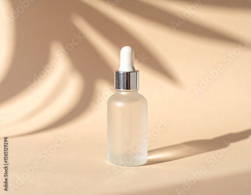 Minimal Cosmetic Serum Bottle on Pedestal with Soft Warm Light