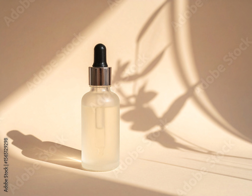 Minimal Cosmetic Serum Bottle on Pedestal with Soft Warm Light