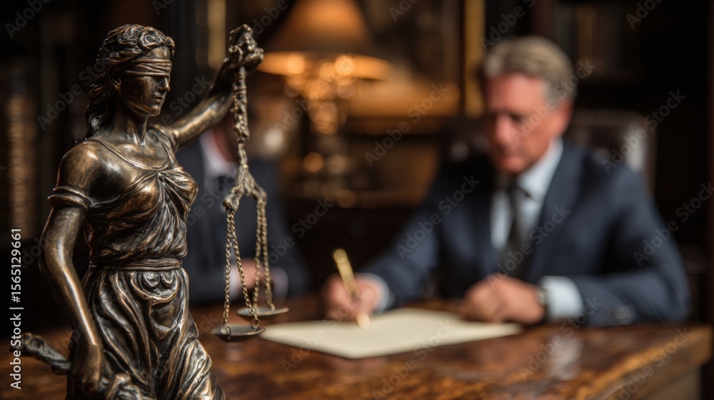 Fototapeta premium A blindfolded Lady Justice statue holds scales as a man in a suit writes at a desk, symbolizing law, fairness, and the judicial process.