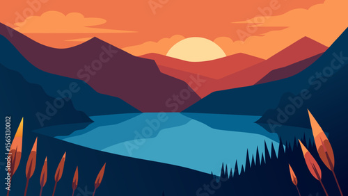 A vibrant sunset casts a golden glow over a misty mountain landscape, painting the sky with hues of orange and blue as silhouettes of hills and forests emerge from the fog