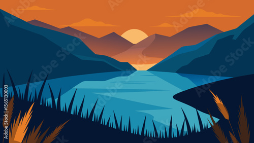 Vibrant mountain landscape at sunrise, or sunset, with mist and clouds blanketing the valleys, perfect for a breathtaking nature view