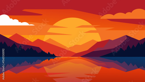Breathtaking mountain landscape at dawn with the sun rising over misty peaks and a vibrant sky