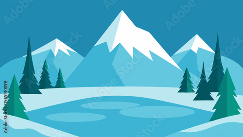 Here's a concise description combining your terms:

A vector illustration of a cold winter forest landscape with snow-covered trees, mountains, and a blue sky, perfect for a snowy holiday scene