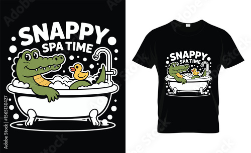 Cute alligator enjoying a relaxing spa day with a rubber ducky in a bubble bath