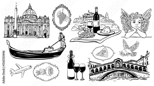  Italy Line Art with Wine and Countryside Hand Drawn Gondola, Basilica and Cheese Vintage Sketches of Rome and Venice