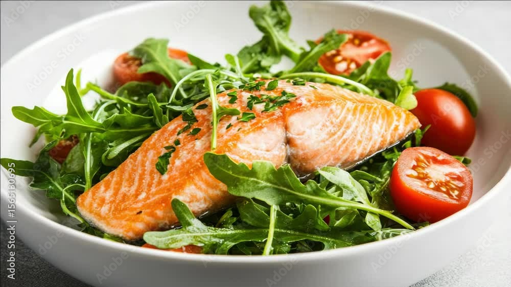 A delicious and healthy meal served on a square white plate. A delicious and healthy meal served on a square white plate.