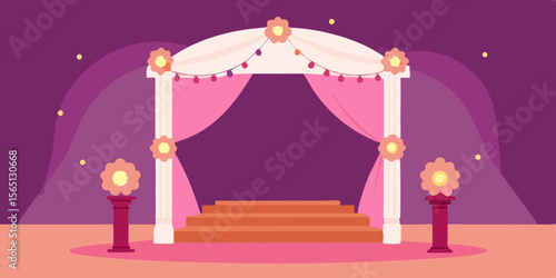 Red carpet stage with circus tent design and festive lights for an entertainment event